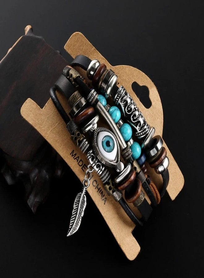 Vientiq Multi-Color Leather Wraparound Bracelet Blue Evil Eye for Men and Women - Image 2