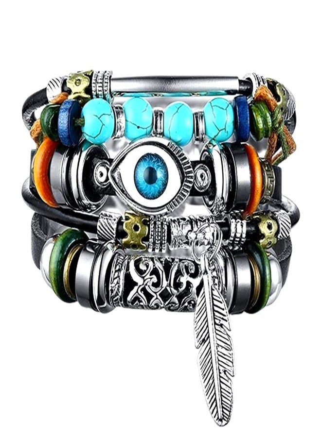 Vientiq Multi-Color Leather Wraparound Bracelet Blue Evil Eye for Men and Women - Image 1
