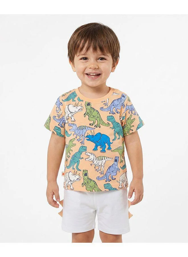 Bonfino Bonfino 100% Cotton Knit All Over Dino Printed Drop Shoulder Oversized Half Sleeves T-Shirt & Shorts Set - Peach/White