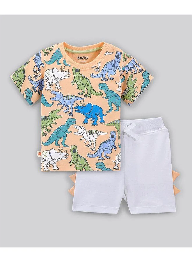 Bonfino Bonfino 100% Cotton Knit All Over Dino Printed Drop Shoulder Oversized Half Sleeves T-Shirt & Shorts Set - Peach/White
