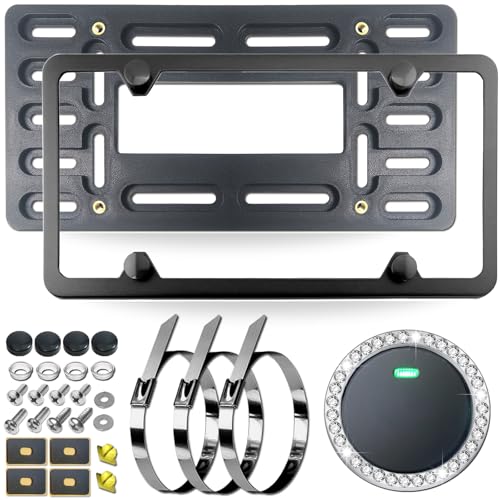 NJNYLLC Front License Plate Bracket Holder Mounting Kit- Black Aluminum Frame & Plastic Bumper Car Tag Adapter with Copper Thread, with Screws Caps and Stainless Steel Zip Ties - Image 1