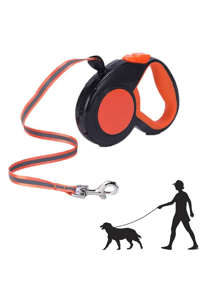 نيو ستايل مقود قابل للسحب للكلاب، مقود قابل للسحب للكلاب مع تأثير عاكس للضوء ليلاً للكلاب الصغيرة والمتوسطة والكبيرة، قفل بزر واحد 360 درجة بدون تشابك (برتقالي، 5 م) - Image 1