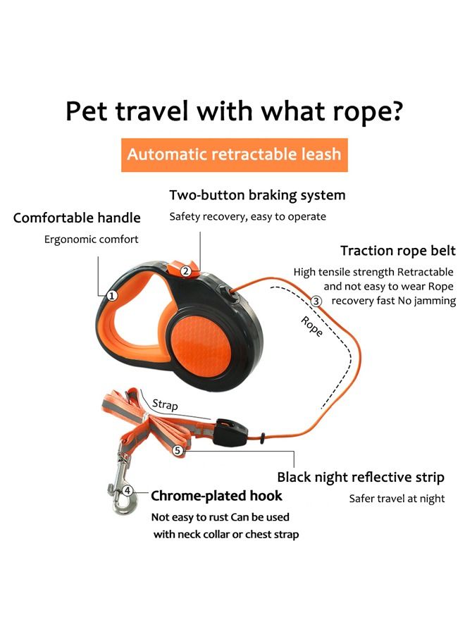 نيو ستايل مقود قابل للسحب للكلاب، مقود قابل للسحب للكلاب مع تأثير عاكس للضوء ليلاً للكلاب الصغيرة والمتوسطة والكبيرة، قفل بزر واحد 360 درجة بدون تشابك (برتقالي، 5 م) - Image 4