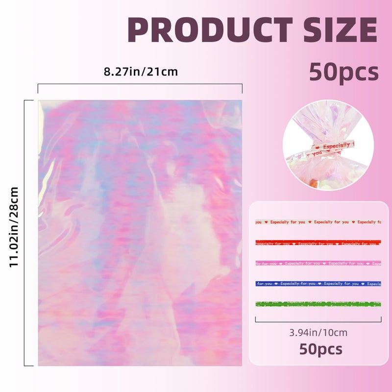 eowqeiur 50 PCS Holographic Bags(8x11 Inch) with Colorful Ties, Clear PLastic Iridescent Cellophane Goodie Gift Treat Candy Goody Cookie Bags for Holiday Birthday Valentines Party Favors Supplies Decorations - Image 2