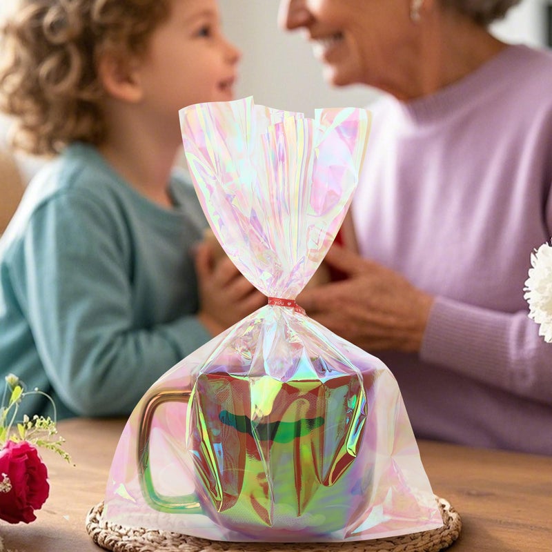 eowqeiur 50 PCS Holographic Bags(8x11 Inch) with Colorful Ties, Clear PLastic Iridescent Cellophane Goodie Gift Treat Candy Goody Cookie Bags for Holiday Birthday Valentines Party Favors Supplies Decorations - Image 4