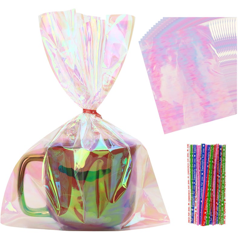 eowqeiur 50 PCS Holographic Bags(8x11 Inch) with Colorful Ties, Clear PLastic Iridescent Cellophane Goodie Gift Treat Candy Goody Cookie Bags for Holiday Birthday Valentines Party Favors Supplies Decorations - Image 1