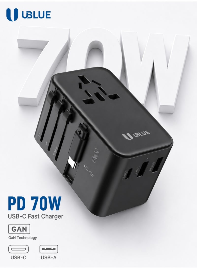 يوبلو شاحن سفر يو بي إل يو 70 واط USB-C، 4 منافذ (2×USB-C + 2×USB-A)، شاحن متعدد المنافذ من النوع C، 100-240 فولت، أسود - Image 1