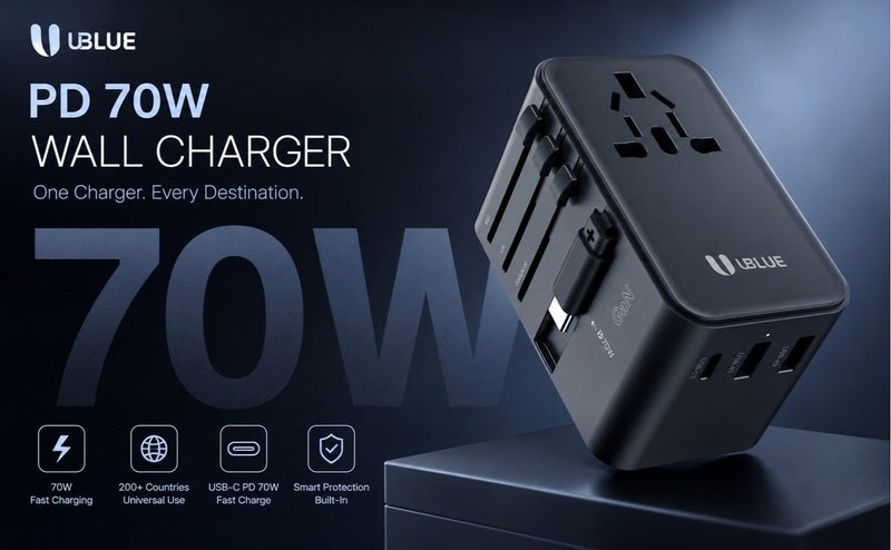 يوبلو شاحن سفر يو بي إل يو 70 واط USB-C، 4 منافذ (2×USB-C + 2×USB-A)، شاحن متعدد المنافذ من النوع C، 100-240 فولت، أسود - Image 2