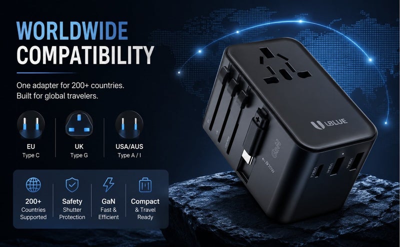 يوبلو شاحن سفر يو بي إل يو 70 واط USB-C، 4 منافذ (2×USB-C + 2×USB-A)، شاحن متعدد المنافذ من النوع C، 100-240 فولت، أسود - Image 3