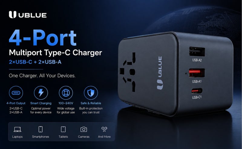 يوبلو شاحن سفر يو بي إل يو 70 واط USB-C، 4 منافذ (2×USB-C + 2×USB-A)، شاحن متعدد المنافذ من النوع C، 100-240 فولت، أسود - Image 5