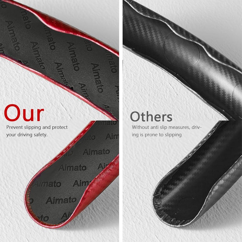 Aimato 2-Piece Carbon Fiber Leather Red Steering Wheel Cover - Image 2