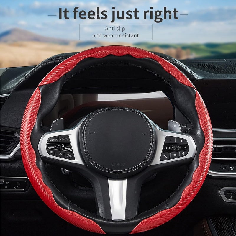 Aimato 2-Piece Carbon Fiber Leather Red Steering Wheel Cover - Image 3