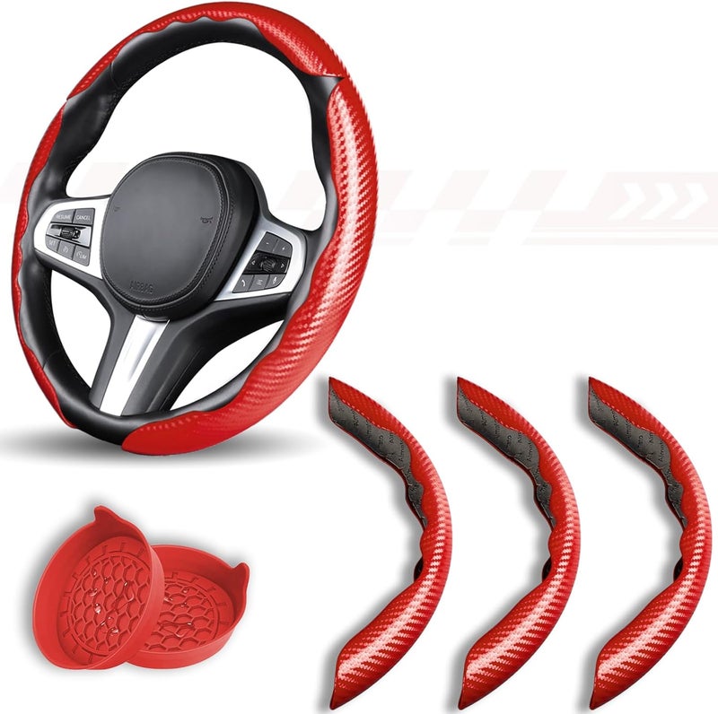 Aimato 2-Piece Carbon Fiber Leather Red Steering Wheel Cover - Image 1