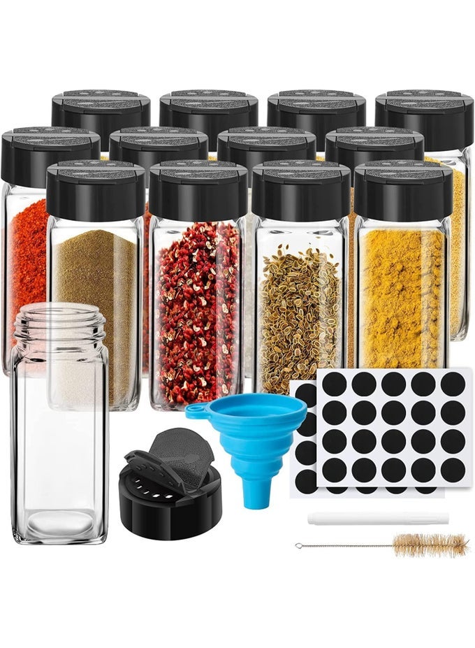 12 PCS SPICE JARS WITH LABELS, 4 OZ GLASS SPICE JARS WITH LIDS, SPICE BOX SET WITH STICKERS, COLLAPSIBLE FUNNEL, CLEANING BRUSH, PENS
