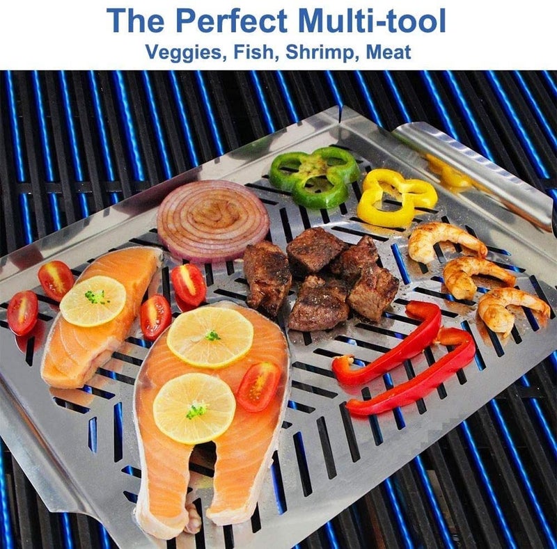 INDIAN DECOR. 311198 Grill Pan, Grill Topper Stainless Steel Charcoal Gas Grill Accessories BBQ Grill Wok with Handles for Vegetables Meat Grill Pans for Outdoor Grilling Cooking - Chrome  - Image 2
