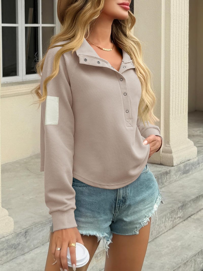 Fisoew Womens Cropped Sweatshirts Casual Henley Neck Snap Button Long Sleeve Ribbed Loose Fit Fall Crop Tops Light Khaki - Image 4