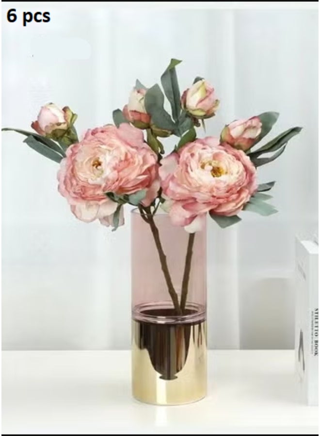 Kutis 6-Piece Artificial Peonies 3 Head Silk Peony Fake Flower Pink/Green 64 cm - Image 1