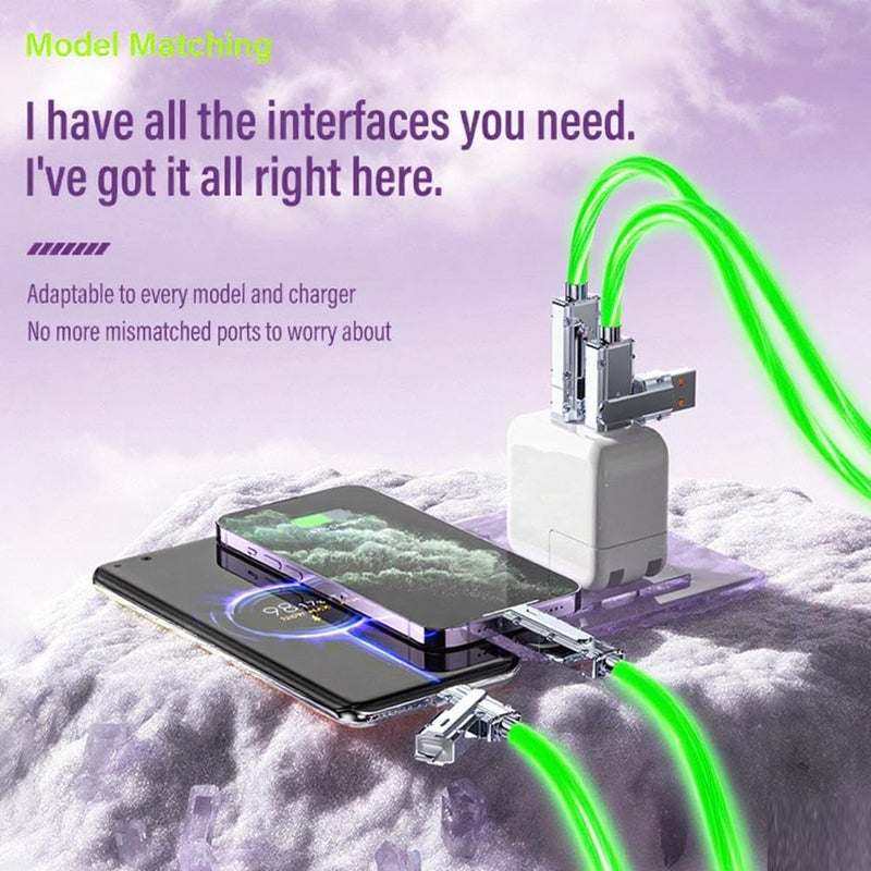IHAO كابل شاحن IHAO متعدد المنافذ 4 تركيبات في كابل واحد USBA/USBC إلى USB C سريع الشحن مع إضاءة LED متدفقة متوافق مع معظم الأجهزة الكهربائية - 39 بوصة أخضر - Image 5