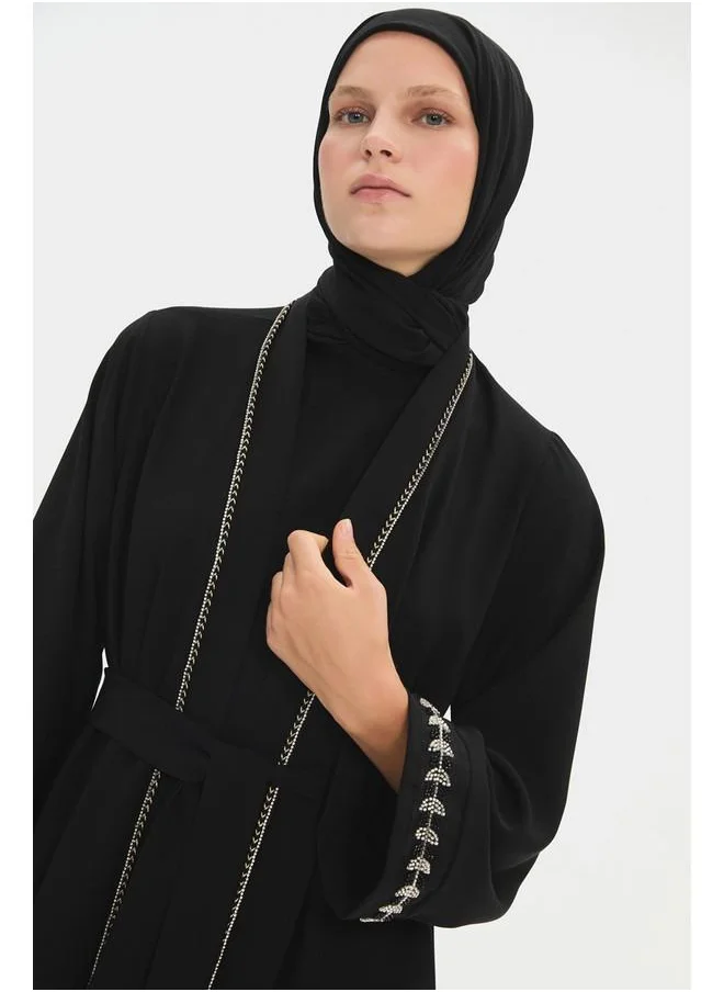 جون June Women Stoned Waist Tie Detailed Abaya Black