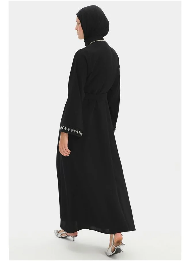 جون June Women Stoned Waist Tie Detailed Abaya Black