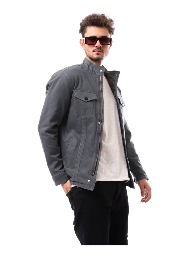 Andora Polyester Grey Mandarin Collar Buttoned Jacket_Grey - Image 5