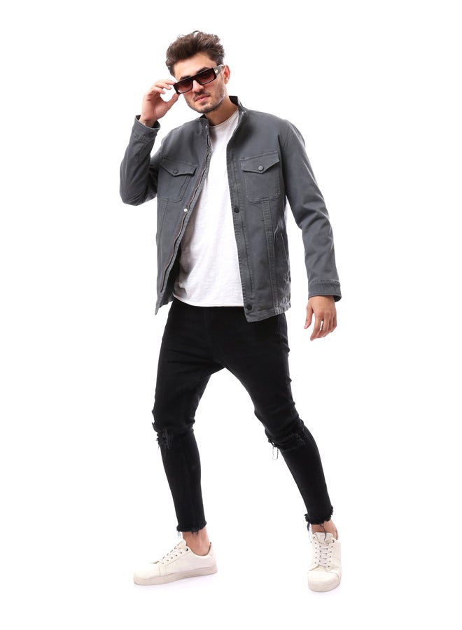 Andora Polyester Grey Mandarin Collar Buttoned Jacket_Grey - Image 2