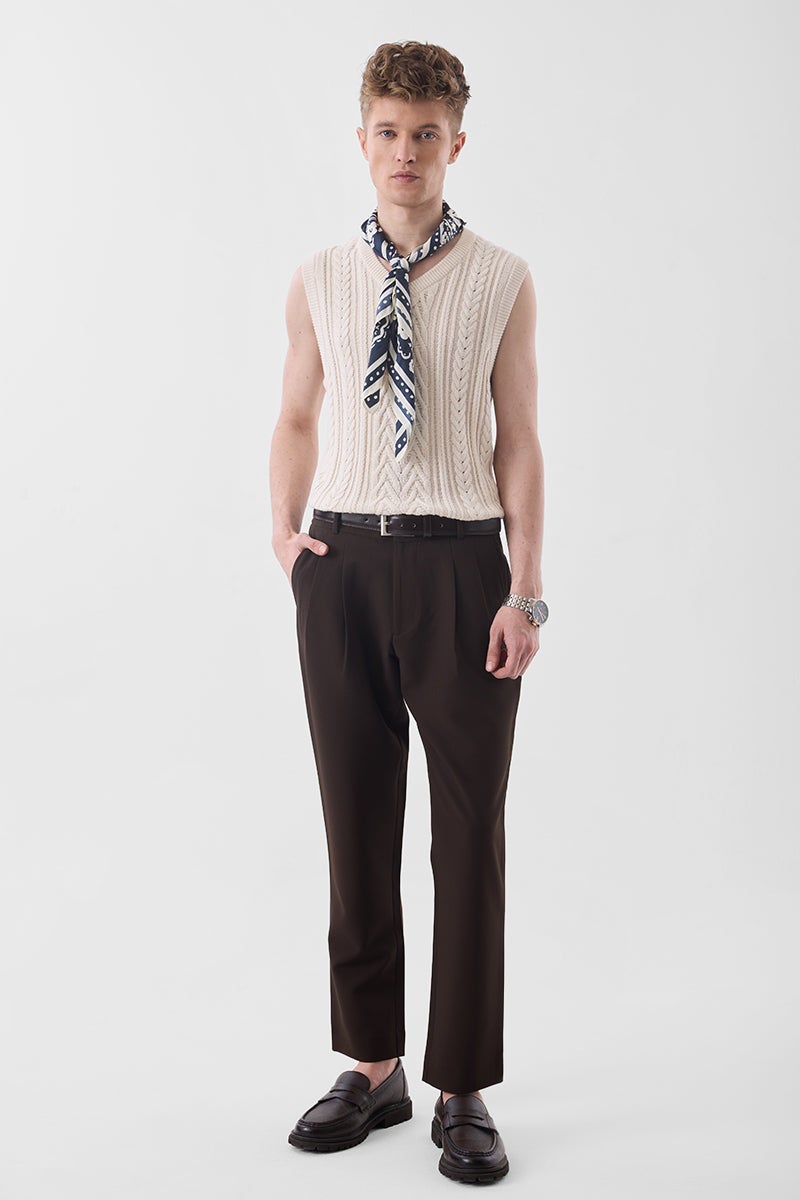 SNITCH Dark Brown Solid Slim Fit Formal Trousers - Image 4