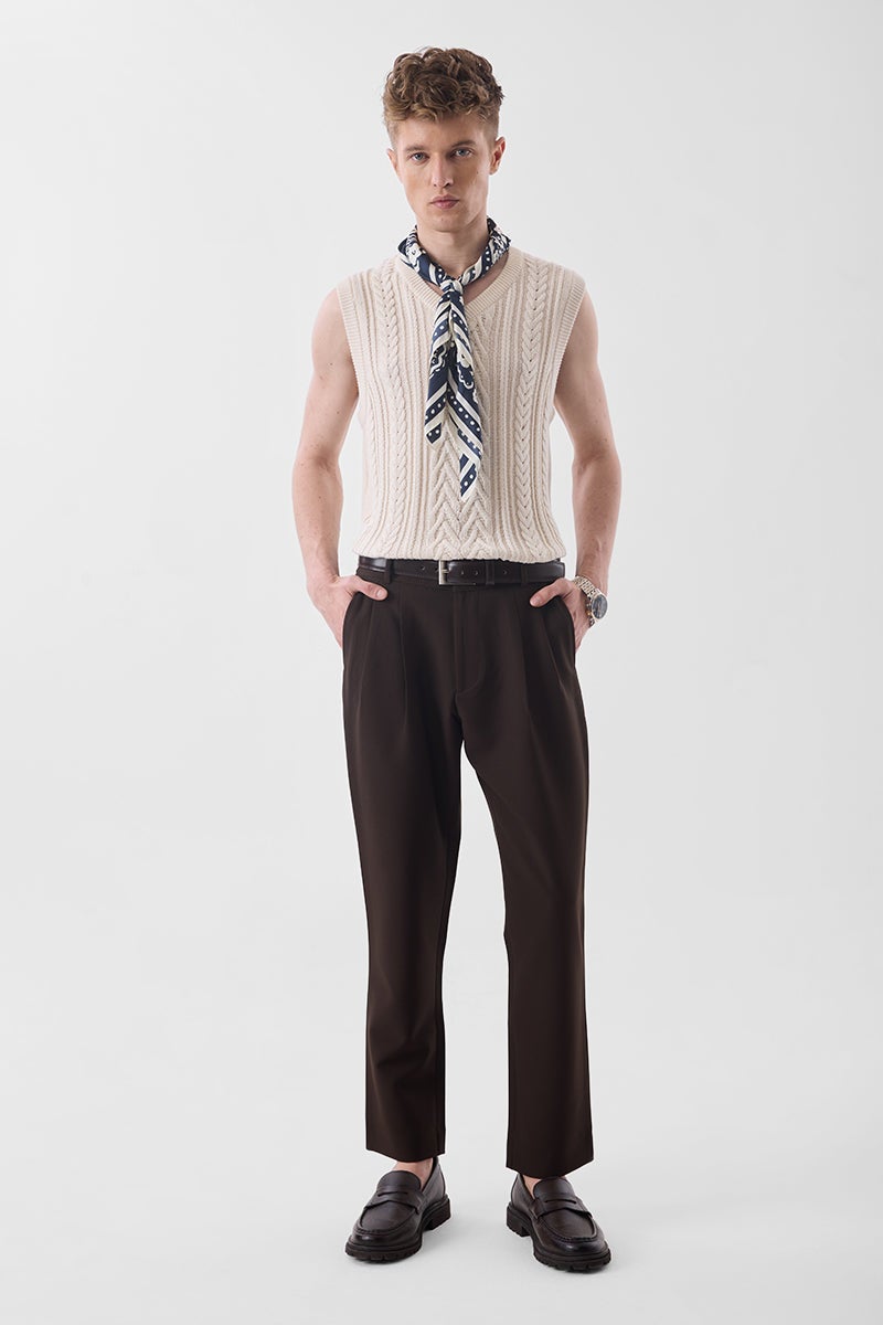SNITCH Dark Brown Solid Slim Fit Formal Trousers - Image 3