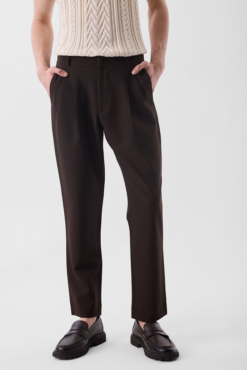 SNITCH Dark Brown Solid Slim Fit Formal Trousers - Image 5