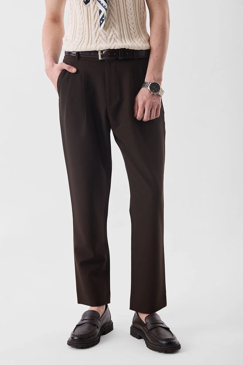 سنيتش Dark Brown Solid Slim Fit Formal Trousers