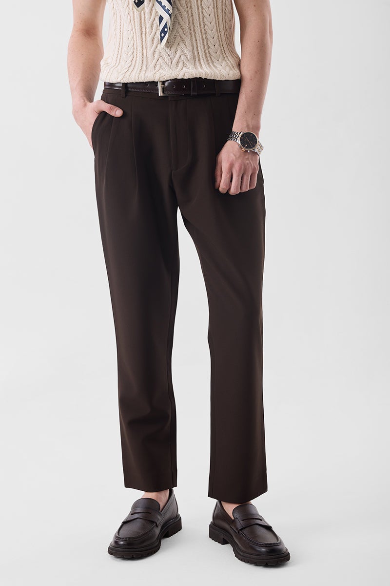SNITCH Dark Brown Solid Slim Fit Formal Trousers - Image 1