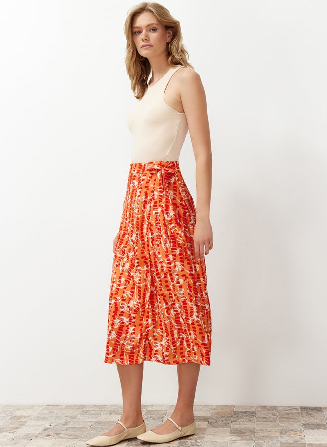 trendyol Orange Floral Patterned Viscose Fabric Midi Woven Skirt  - Image 3