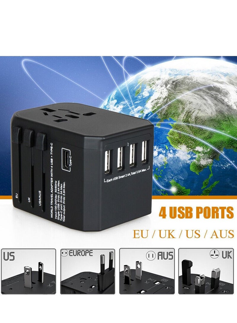 Universal Travel Adapter International Power Plug Ultra Fast All in One Power Adapter 4 Ultra Fast USB Port Ultra Fast Type C 3.4A Multi Adapter Worldwide UK EU US AU Black - Image 2