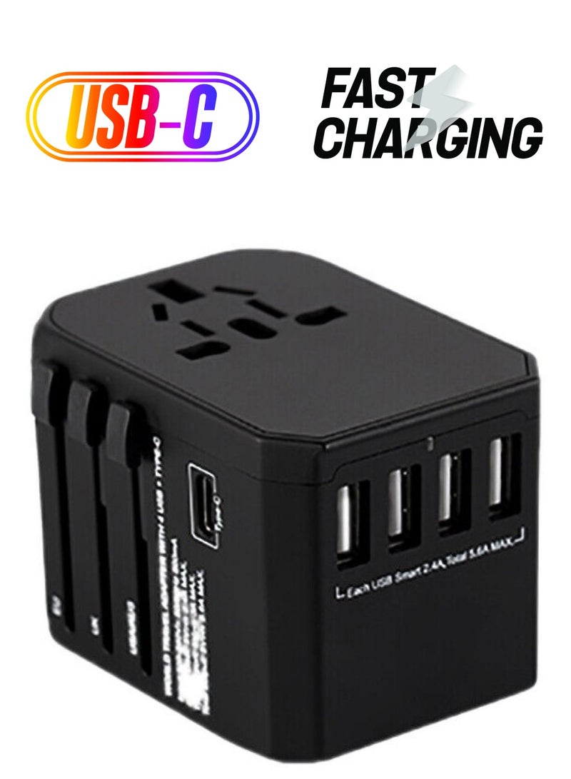 Universal Travel Adapter International Power Plug Ultra Fast All in One Power Adapter 4 Ultra Fast USB Port Ultra Fast Type C 3.4A Multi Adapter Worldwide UK EU US AU Black - Image 1
