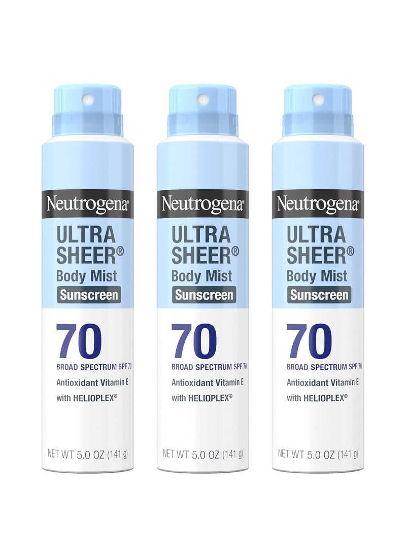 Neutrogena Neutrogena Ultra Sheer Body Mist Sunscreen Spray Broad Spectrum SPF 70 Lightweight Spray Sunscreen NonGreasy  Water Resistant OilFree  NonComedogenic UVAUVB 5 oz Pack of 3  - Image 1
