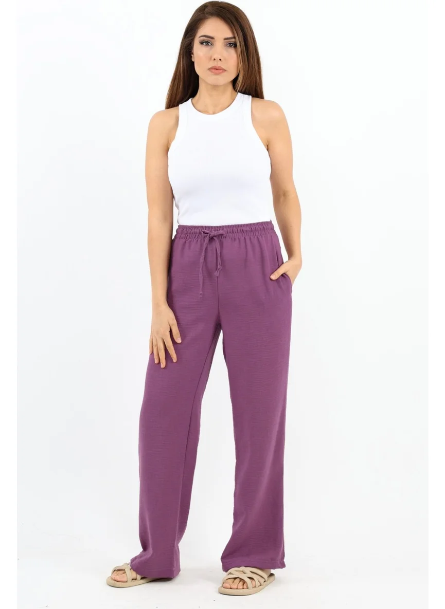 Ritnice Women's Linen Comfy Purple Straight Cut Elastic Waist Trousers