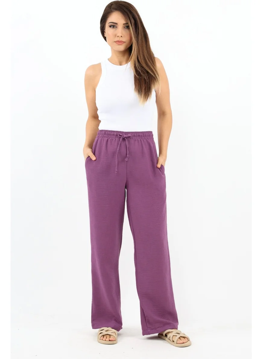 Ritnice Women's Linen Comfy Purple Straight Cut Elastic Waist Trousers