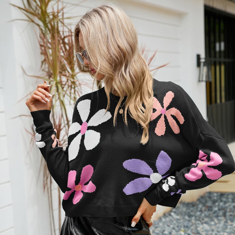 2024 Floral Sweet Pullover Sweater for Women(Flower Pullover Sweater) Black (Flower Pullover Sweater) Black 
