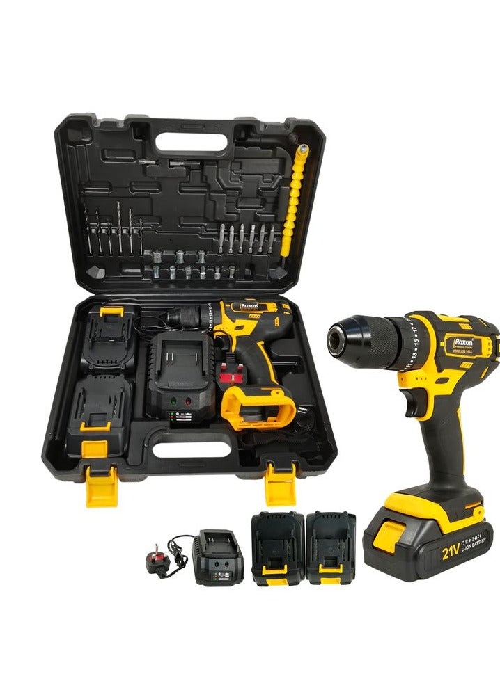 روكسون طقم مثقاب/مفك براغي لاسلكي 21 فولت مع بطارية ليثيوم أيون 1500 مللي أمبير، ضوء LED، بطاريتان، شاحن سريع، مجموعة رؤوس مثقاب ومفك براغي، حقيبة حمل متينة للاستخدام المنزلي والمهني - RX21VCD - Image 1