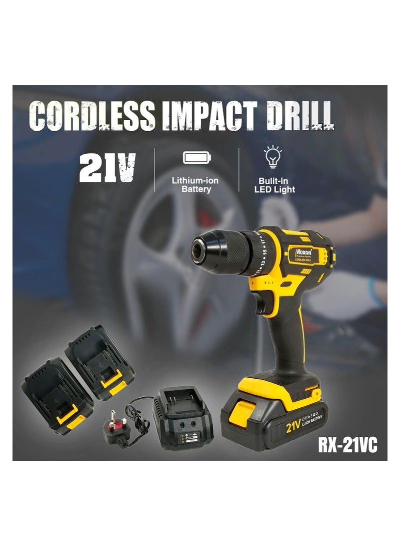 روكسون طقم مثقاب/مفك براغي لاسلكي 21 فولت مع بطارية ليثيوم أيون 1500 مللي أمبير، ضوء LED، بطاريتان، شاحن سريع، مجموعة رؤوس مثقاب ومفك براغي، حقيبة حمل متينة للاستخدام المنزلي والمهني - RX21VCD - Image 3