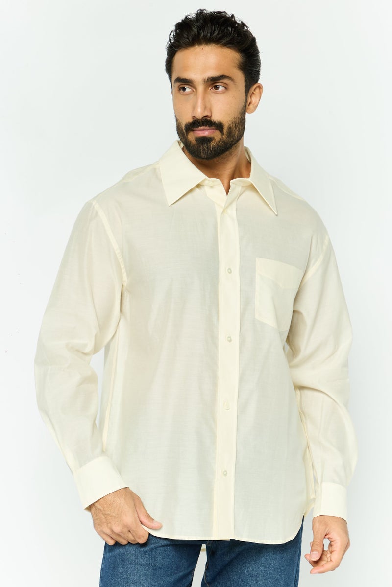 GANT Men Relaxed Fit Plain Long Sleeve Casual Shirt, Cream - Image 1