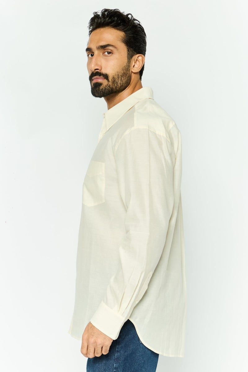 GANT Men Relaxed Fit Plain Long Sleeve Casual Shirt, Cream - Image 3