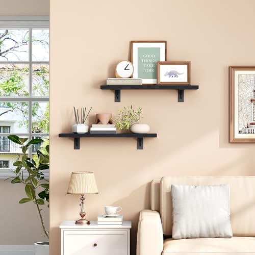 HOOBRO Floating Shelves for Wall 154 Wall Mounted Shelves Set of 2 Hanging Storage Shelf with Metal Brackets Wooden Shelf for Living Room Bedroom Bathroom Black BK42BJP201G1 - Image 3