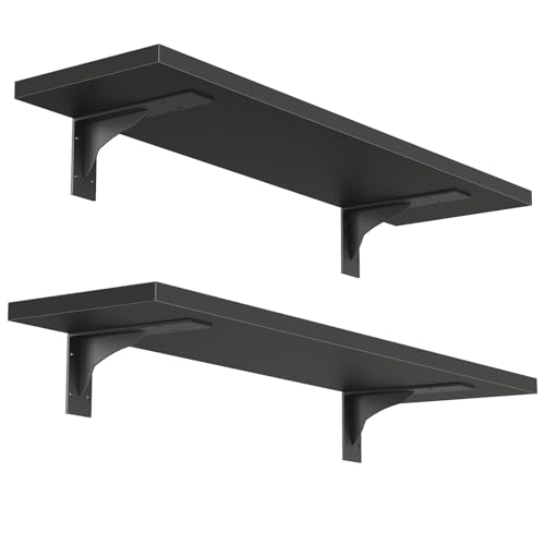 HOOBRO Floating Shelves for Wall 154 Wall Mounted Shelves Set of 2 Hanging Storage Shelf with Metal Brackets Wooden Shelf for Living Room Bedroom Bathroom Black BK42BJP201G1 - Image 1