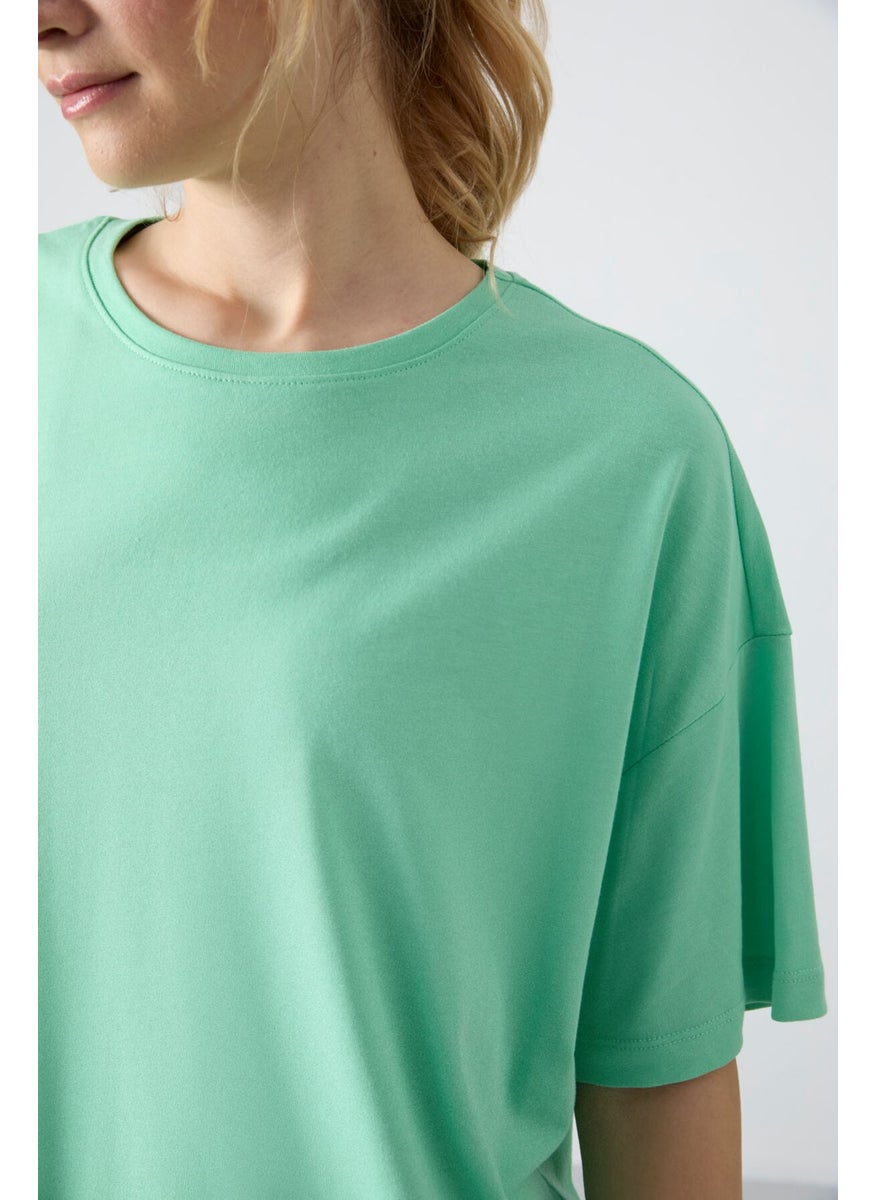 Tommy Life Water Green Combed Modal Soft Touch Oversize Fit Basic Women's T-Shirt - 97285  - Image 3