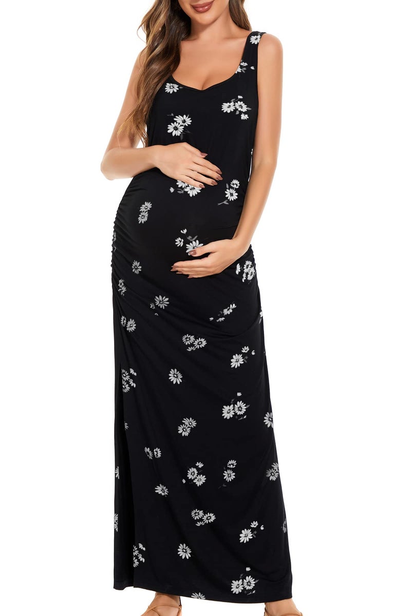 Smallshow Women's Split Long Maternity Dress Sleeveness Ruched Pregnancy Clothes Large SVP121 - Image 3
