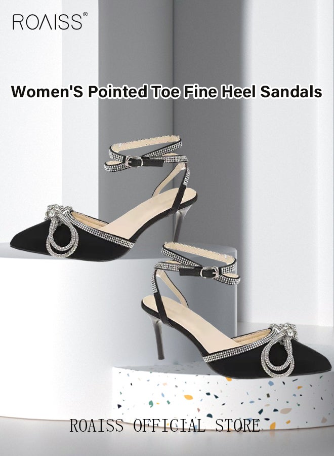 roaiss Women's Pointed Toe Stiletto Heels Rhinestone Bow High Heels Strap-On Sandals Party for Lady Prom Shoes Sandals Versatile Black Non-slip Soft Sole Slingback - Image 3
