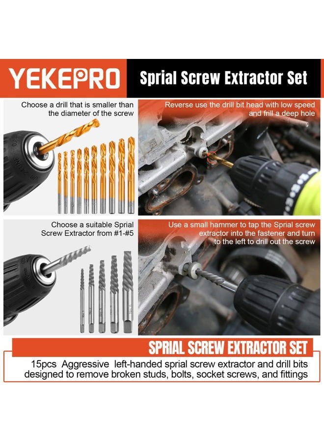 YEKEPRO 40 Pcs Bolt & Screw Extractor Set with Left Hand Cobalt Drill Bit Set, Easy Out Broken Stripped Screw Removal Tool for Damaged, Frozen, Studs, Rusted, Rounded-Off Bolts, Nuts & Screws, T15139 - Image 5