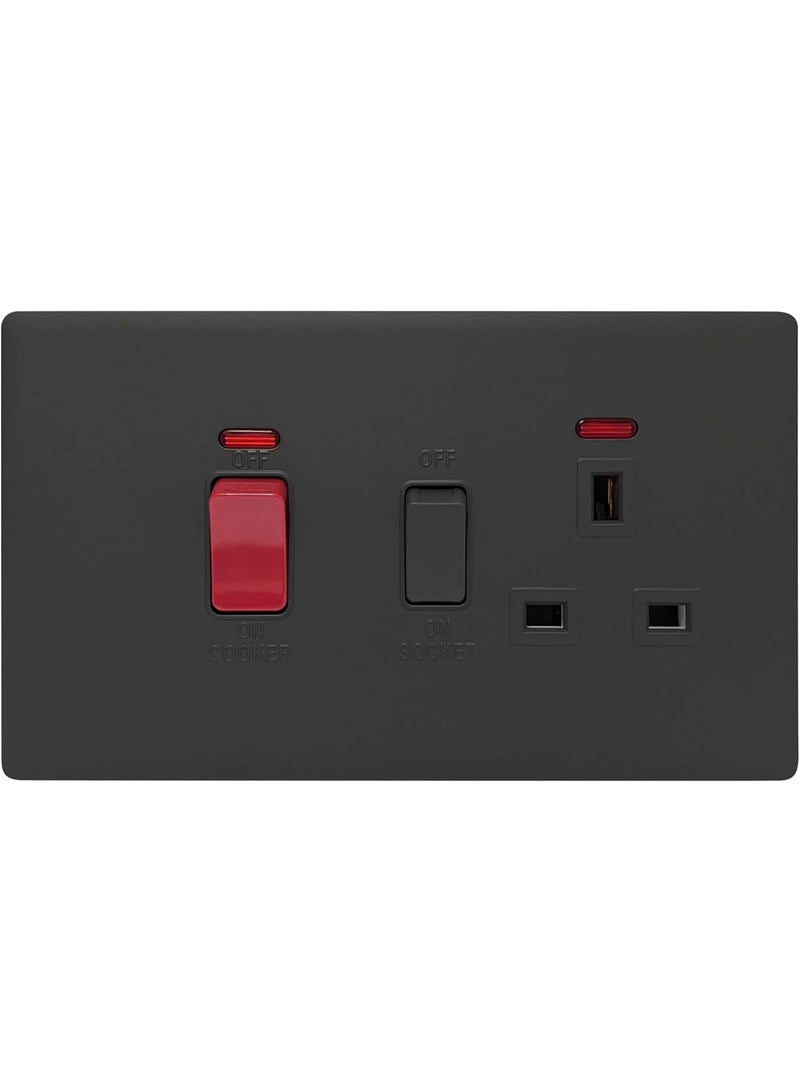 Admore 45A Cooker Control Unit with 13A Switched Socket & Neon Indicators, PC Classic Range, Double Gang (3x6) Wall Switch, Black - SB331