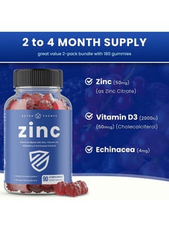 Zinc Gummies | 4-in-1 Zinc Gummies Adult | Zinc Chewable 50mg | Chewable Zinc Supplement Gummies with Vitamin D3 2000 IU, Elderberry & Echinacea | Immune, Heart & Brain Support | 180 Count (2 Pack) - pzsku/Z82D142BCAAA98E17EEB0Z/45/_/1739863625/71b0b9db-62a9-4cde-b253-3336239b2a17